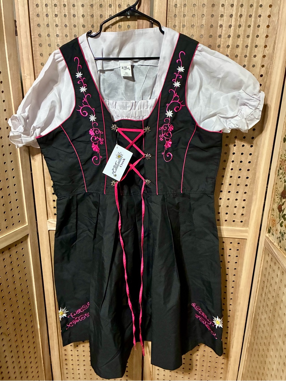 Black and Pink Embroidered Dirndl Dress with White Blouse and Apron